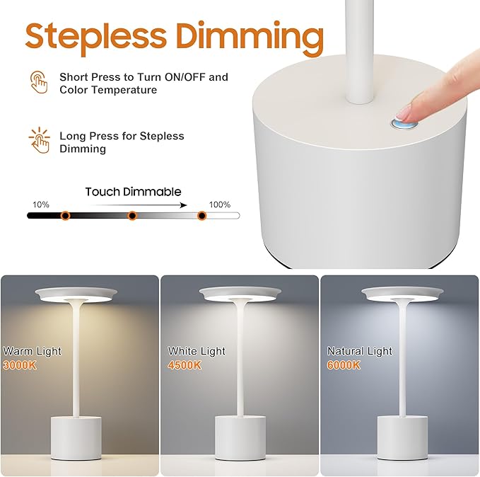 Cordless Table Lamp, Portable Rechargeable 6000mAh Outdoor Table Lamp, 3 Color Stepless Dimming Battery Powered Lamp, LED Table Light for Dinner/Bedroom/Restaurant/Outdoor (White)