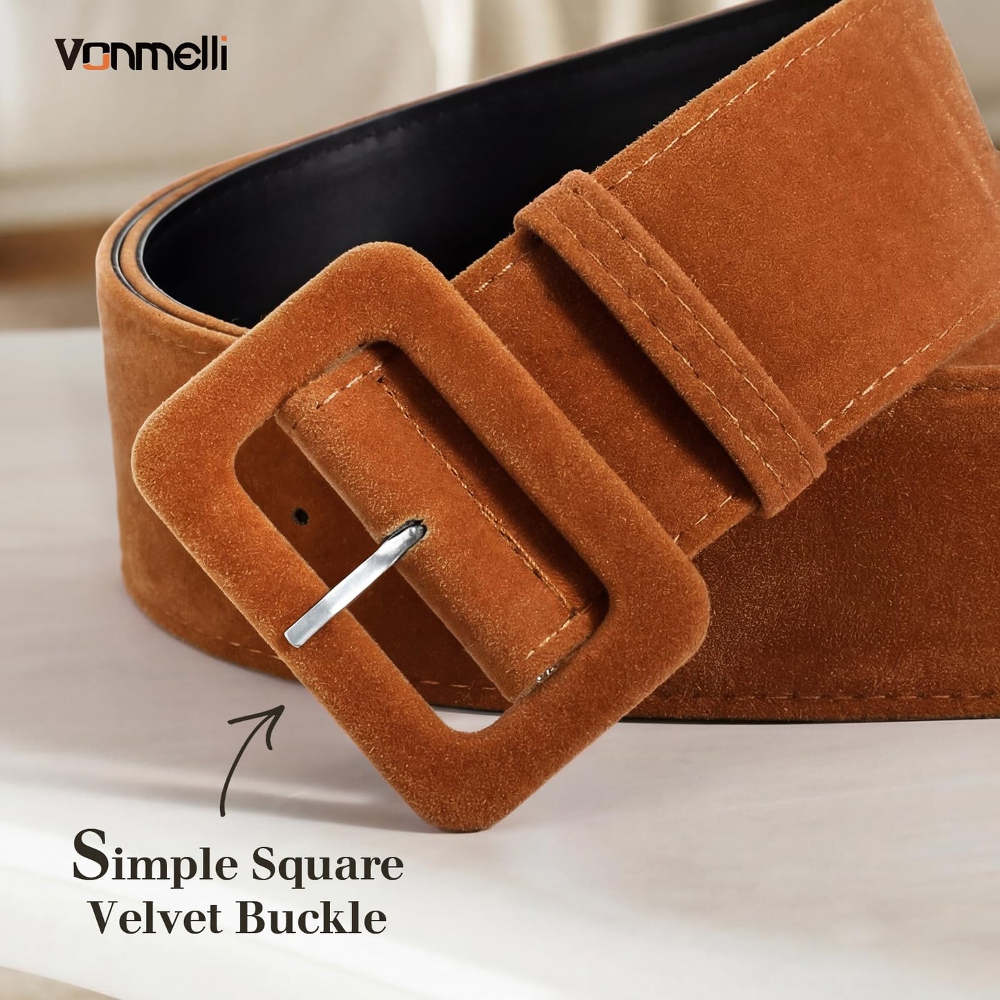 VONMELLI Women Wide Velvet Belt for Dresses Brown Thick Chunky Waist Belt with Vintage Square Buckle, S