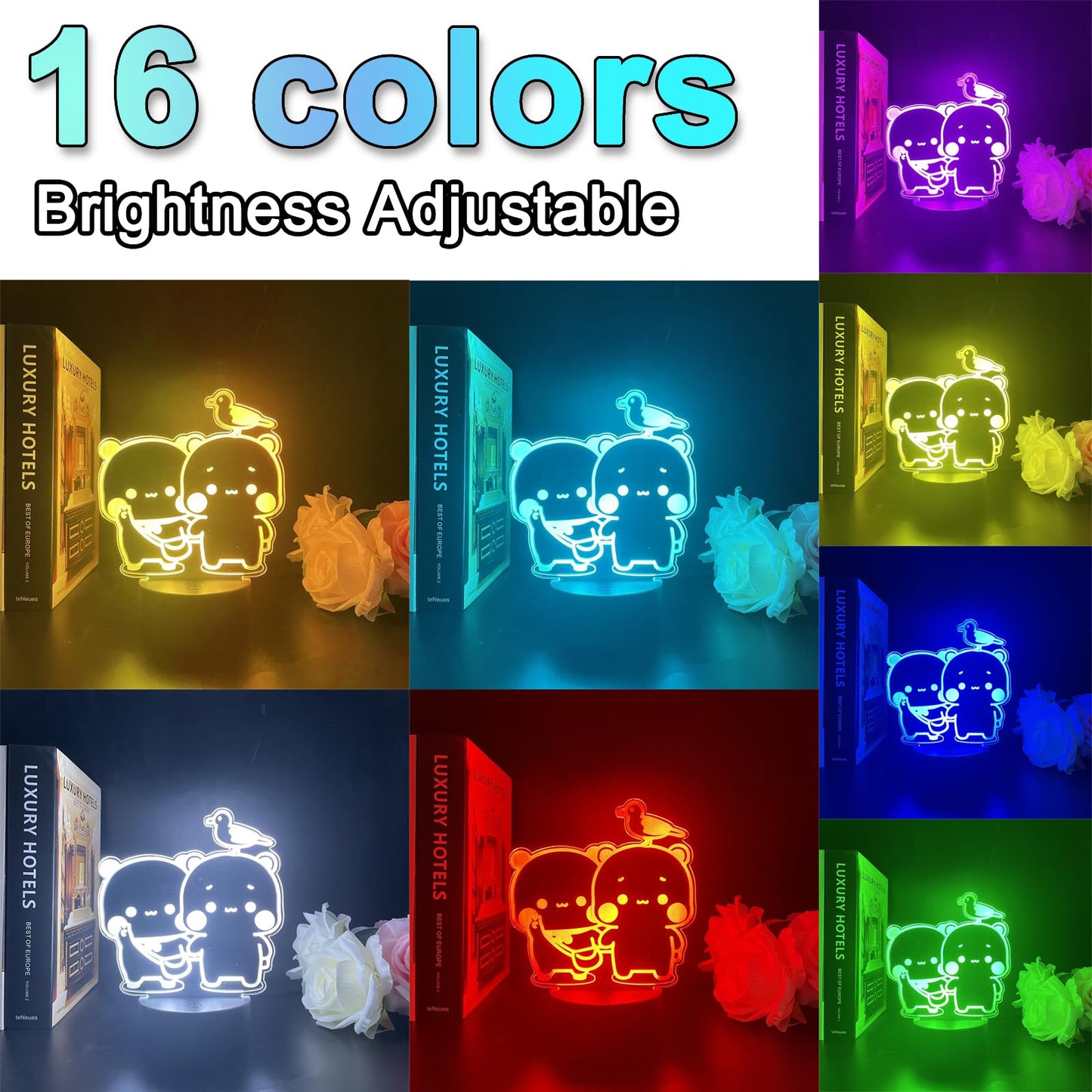 orakoliya 3D Night Light Bubuuu and Duduuu Gifts, Bear Shaped Table Lamp with Remote Control Gifts for Girls Birthday Christmas Valentine