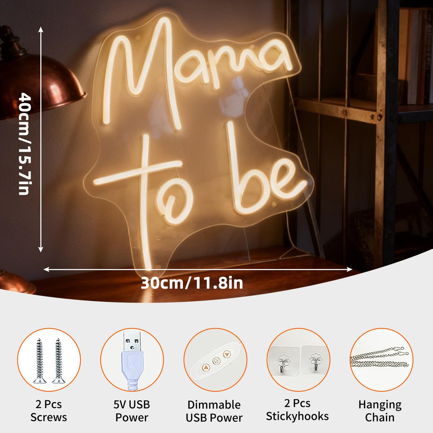 Mama To Be Neon Sign, Baby Shower Party Gift Home Bedroom Nursery Room Wall Table Decor, Warm White USB Powered Dimmable LED Neon Light 15.7 x 11.8 In