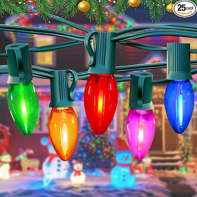 C7 Multicolor LED Christmas Lights Outdoor, 25Ft LED Colored Christmas Tree Lights Waterproof with 25+2 LED Bulbs for Indoor Outdoor Christmas Decorations for Light up Christmas Tree Home Yard, 0.6W