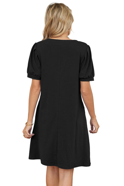 RUMIA V-Neck Summer Casual Sundress for Women- Puff Short Sleeve Swing Beach Dress with Pockets Black