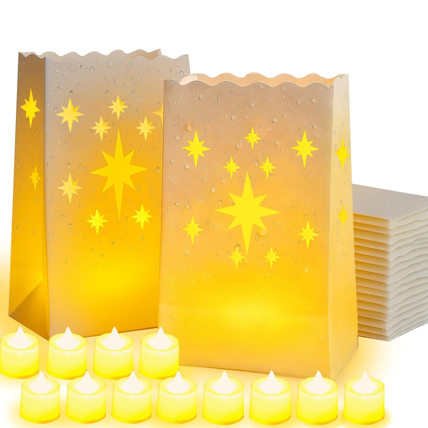 Btanadi Waterproof 30-Pack Luminaria Bags with LED Candles – Reusable White Plastic Luminaries for Outdoor, Christmas, Wedding & Party Decorations