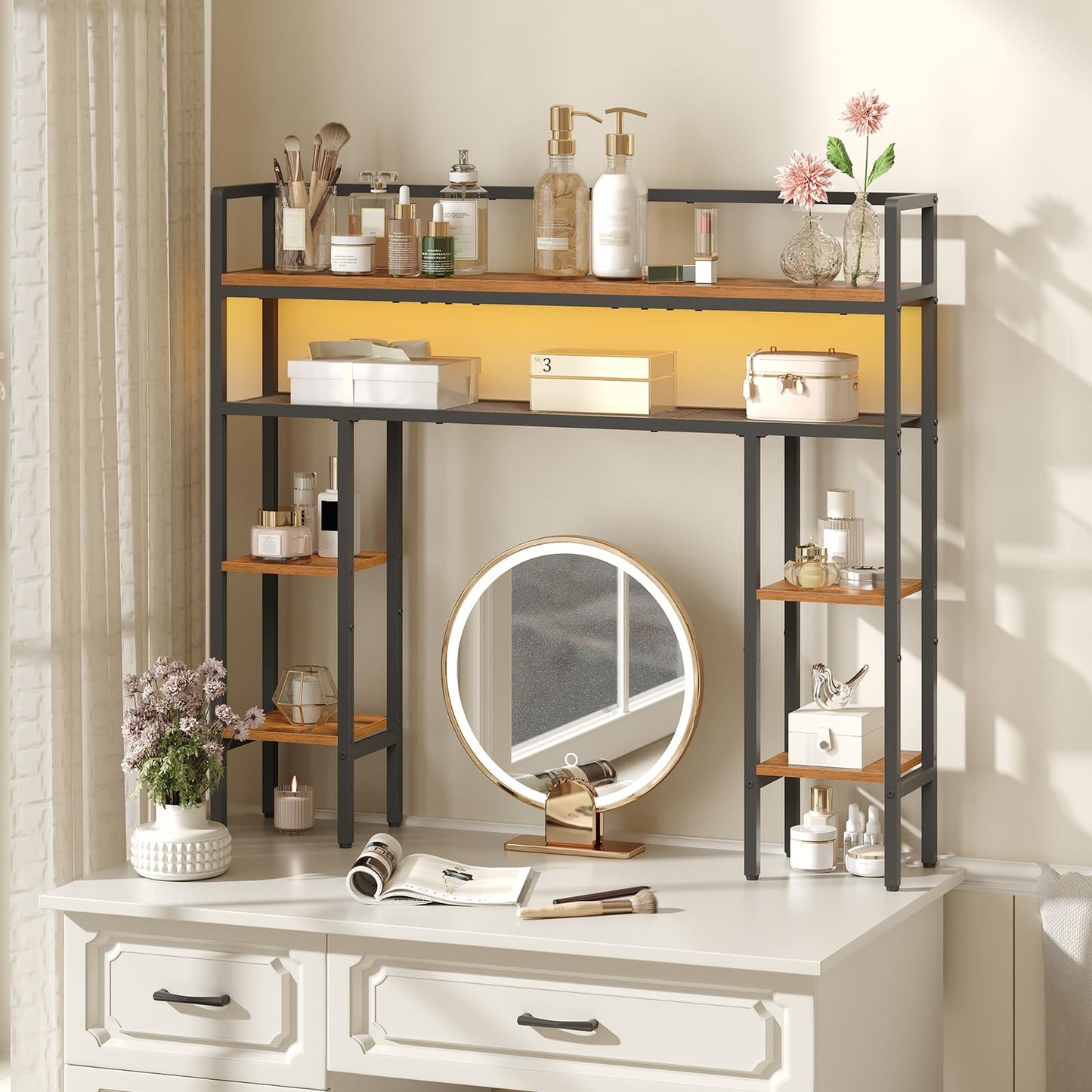 MAHANCRIS Desk Shelf, 43.3" Desk Hutch with Light Strip, Office Desktop Organizer, 5 Tier Desktop Bookshelf for Computer Monitor, Storage Rack for Study, Home Office, Rustic Brown DSHR9801