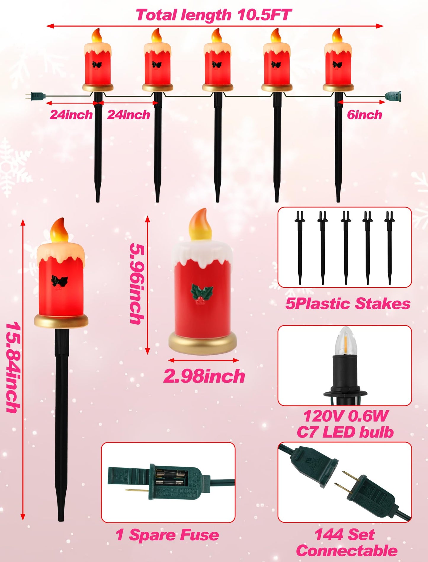 Hobbynors Set of 5 Christmas Candle Pathway Lights, Classic Red Outdoor Christmas Decorations for Yard, Weatherproof C7 LED Garden Stakes for Holiday Entryway & Walkway