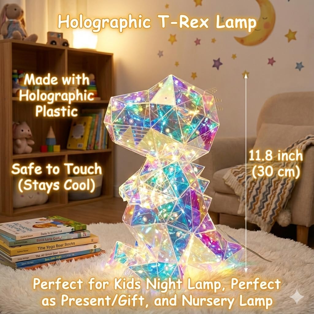 Aladdinas LED Dinosaur T-Rex Night Light, Holographic Iridescent Design, Nursery Decor Display Box with Ribbon (T-REX Dinosaur, Medium)