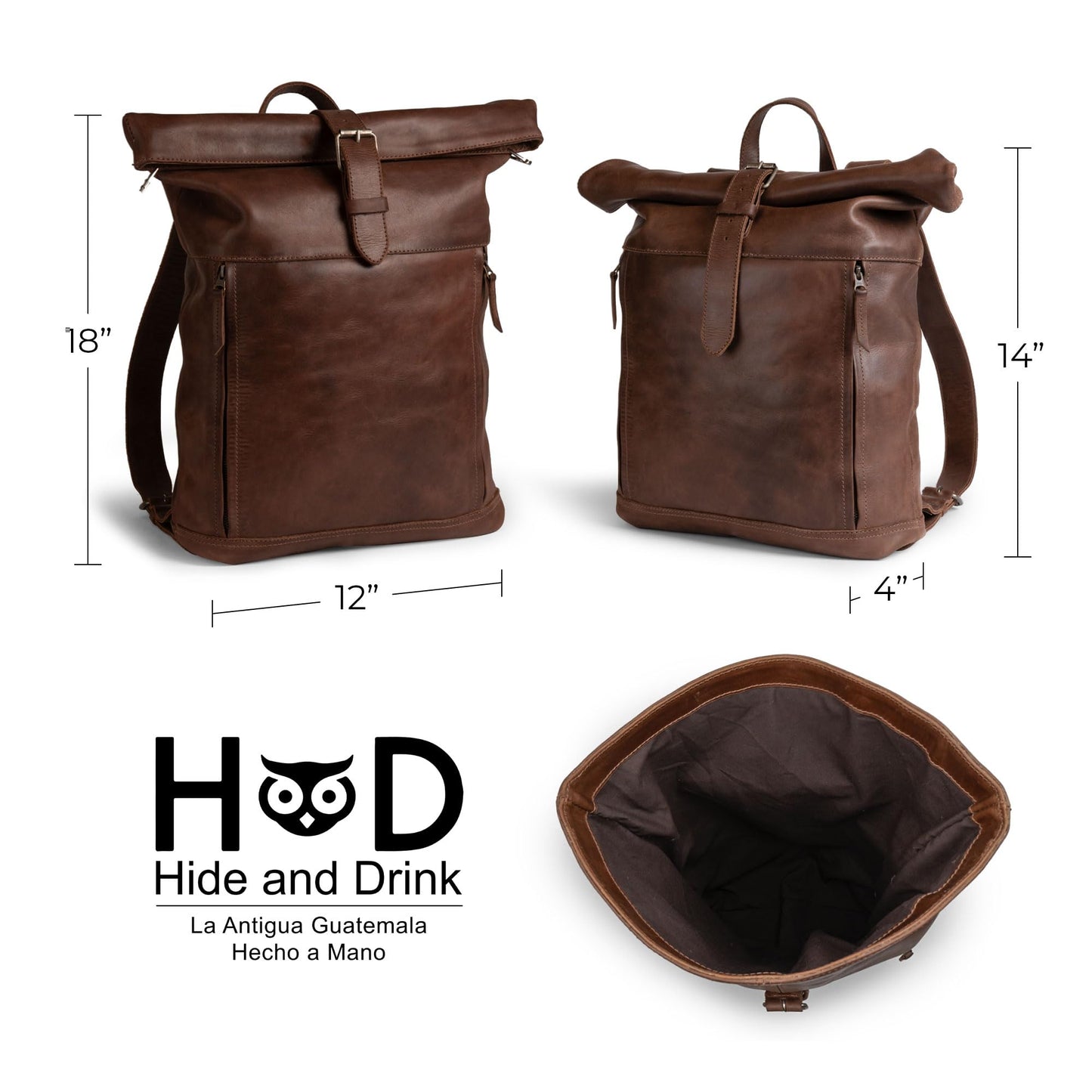 Hide & Drink, Roll Top Backpack, Vintage Style Rucksack with Adjustable Shoulder Straps, Travel Accessory, Full Grain Leather, Handmade, Bourbon Brown