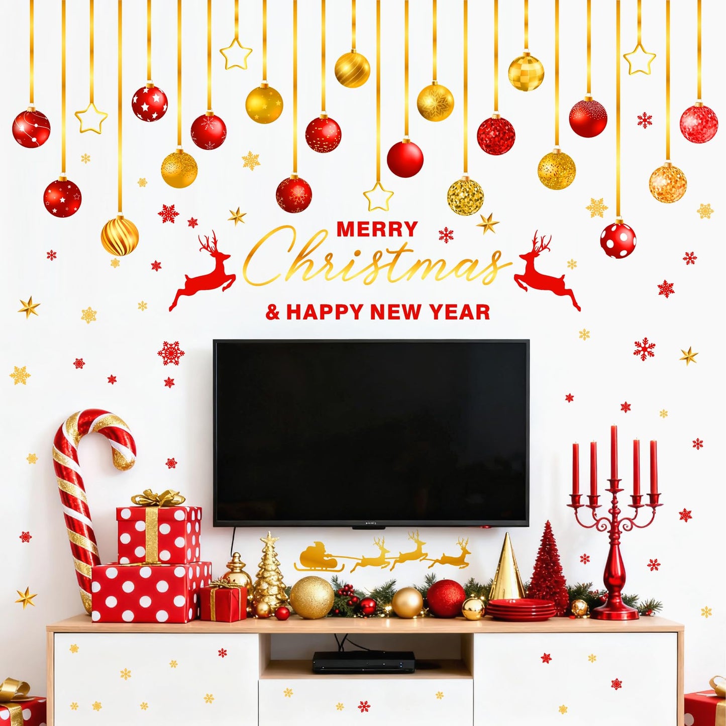 Christmas Bell Wall Stickers Large Ornament Wall Decals Peel and Stick Merry Christmas New Year Wall Decals Clings Holiday Red Gold Snowflake Hanging Bells Window Sticekrs Xmas Party Decoration