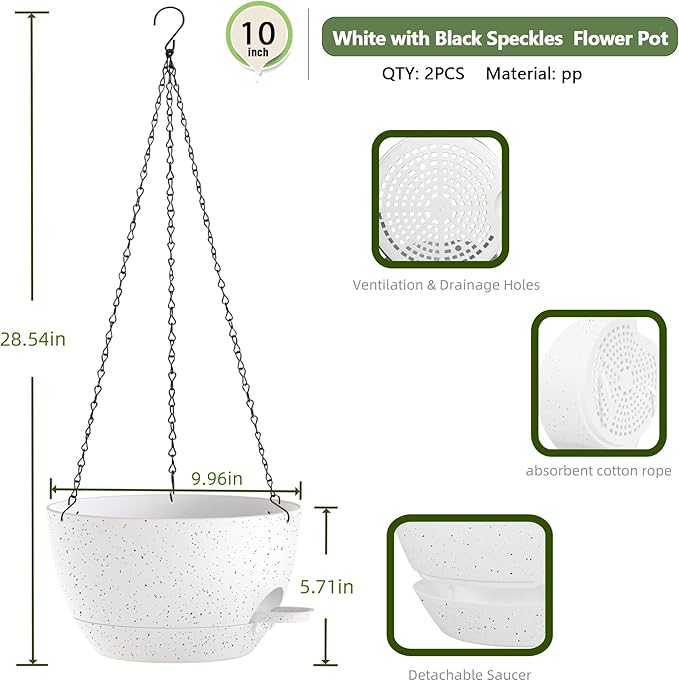 10 Inch Hanging Baskets 2 PC with Chains, Self-Watering Hanging Planters for Indoor Outdoor Plants, Plastic Hanging Flower Pots,Speckled White