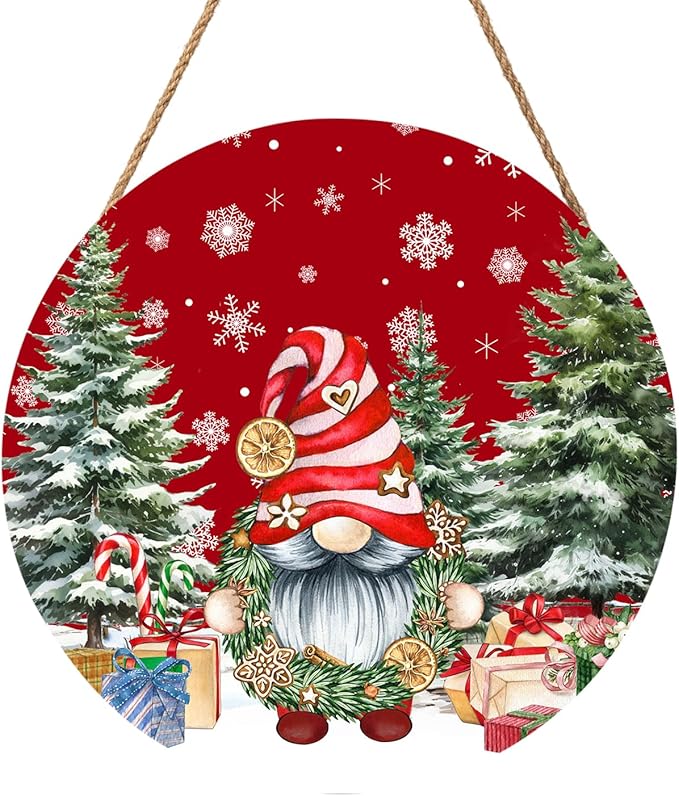 Christmas Gnome Welcome Sign for Front Door Merry Christmas Door Hanger 12”x12” Christmas Dwarf Xmas Holiday Snowflake Wooden Hanging Sign Outdoor Outside Porch Decor Winter Christmas Wreath for Home