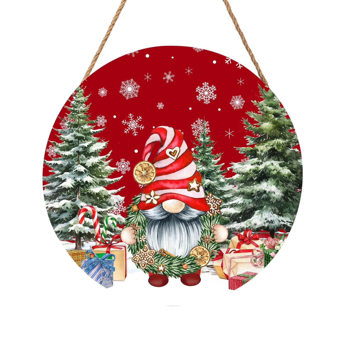 Christmas Gnome Welcome Sign - Merry Christmas Door Hanger, 12'x12' Wooden Hanging Sign for Front Door, Porch Decor, Winter Wreath