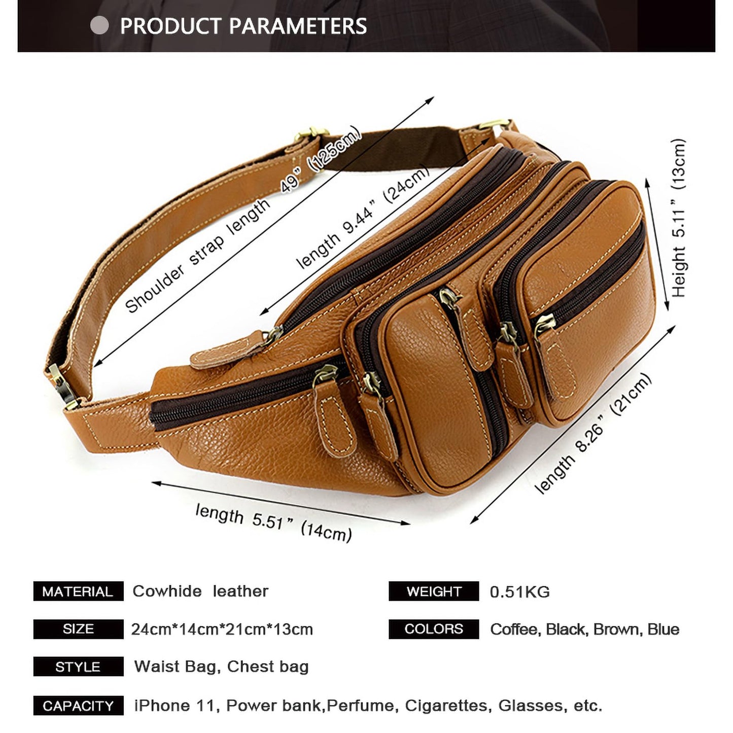 Genuine Leather Fanny Pack large capacity Crossbody Waist Bag with Zipper phone Pockets brown