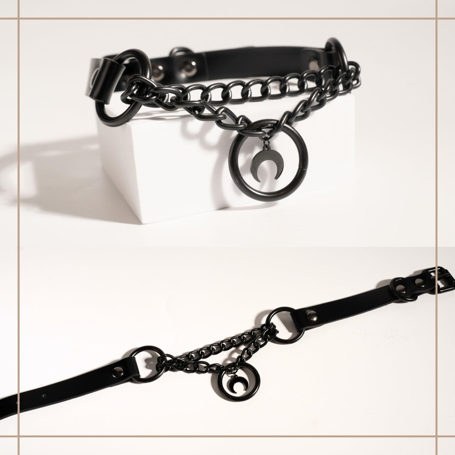 ADEMISHIA Black Gothic Chain Choker with O-ring and Moon Pendant, Punk Grunge Emo Leather Necklace For Women