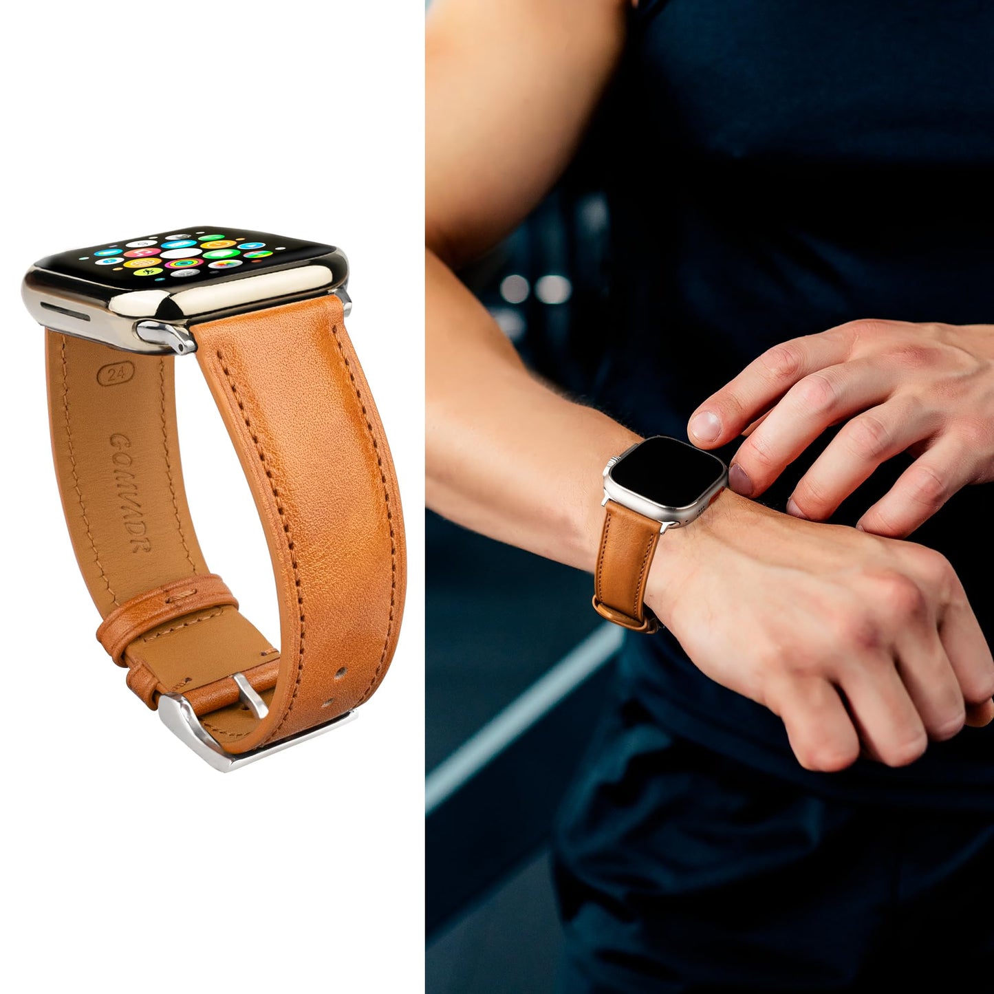 Gomvadr Leather Bands Compatible with Mens Apple Watch Band 42mm 44mm 45mm, Replacement Band Leather Strap for Men's iWatch Series 9 8 7 6 5 4 3 2 1 SE3/2/1 (Yellow/Silver Buckle, 45mm/44mm/42mm)