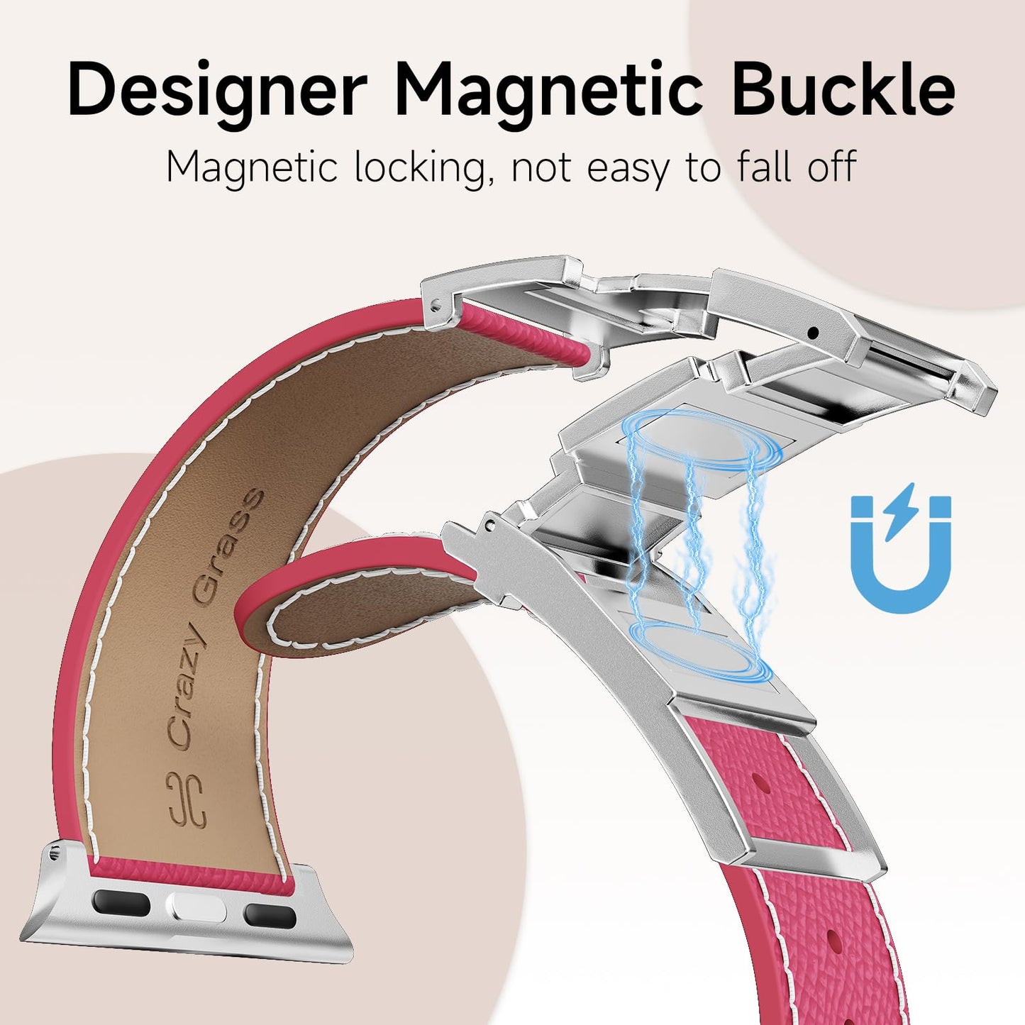 Leather Band Compatible with Apple Watch 49mm46mm45mm44mm42mm41mm 40mm38mm,Stylish Magnetic H Buckle Strap for iWatch Ultra 2/1/SE/Series 10/9/8/7/6/5/4/3/2/1 Women Men (Pink Band+Silver H Buckle, 38mm40mm41mm42mm)