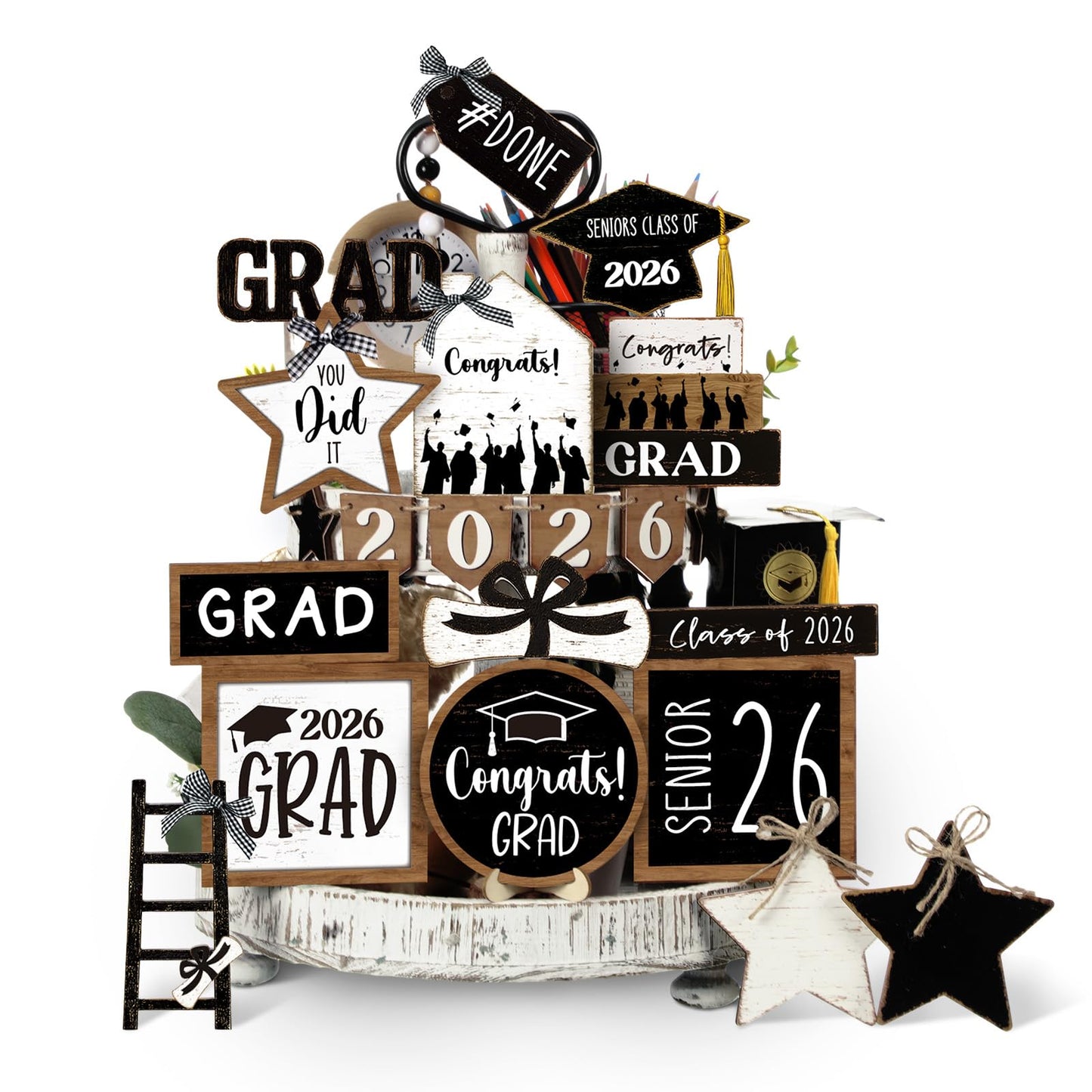 Vercraft 18 Pcs Graduation Tiered Tray Decorations Class of 2026 Tiered Tray Decor Black White Grad Wooden Signs Farmhouse Table Shelf Decoration for Graduation Party Supplies(Black White)