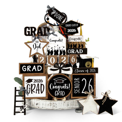 Vercraft 18 Pcs Graduation Tiered Tray Decorations Class of 2026 Tiered Tray Decor Black White Grad Wooden Signs Farmhouse Table Shelf Decoration for Graduation Party Supplies(Black White)