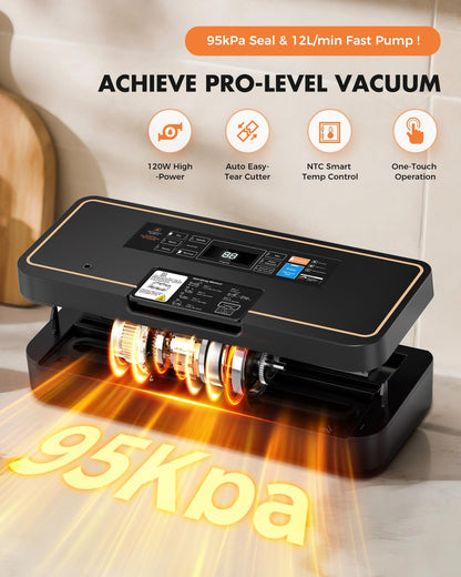 UPRUBE Vacuum Sealer for Food, 95kPa Food Saver Vacuum Sealer Machine, 135W Fast-Sealing by Built-in Bag Storage, Easy Tear Cutter, 9-in-1 Compact Food Vacuum Sealer Machine with 10 ft Bag Roll