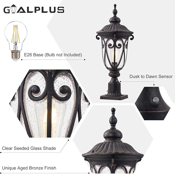 Dusk to Dawn Outdoor Post Light Fixture, 24in High Bronze Post Lantern with Pier Mount, Exterior Pole Lighting with Seeded Glass for Yard, Garden, Patio and Pathway, 2 Pack, LMMS0519-M-2P