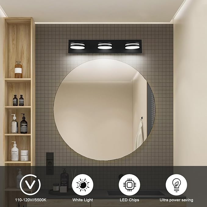 Modern Black Bathroom Vanity Light Fixtures Over Mirror, 3-Light LED Bathroom Lighting Fixtures with 360°Rotatable Head, 24-Inch Vanity Wall Lights for Bath Restroom Powder Room