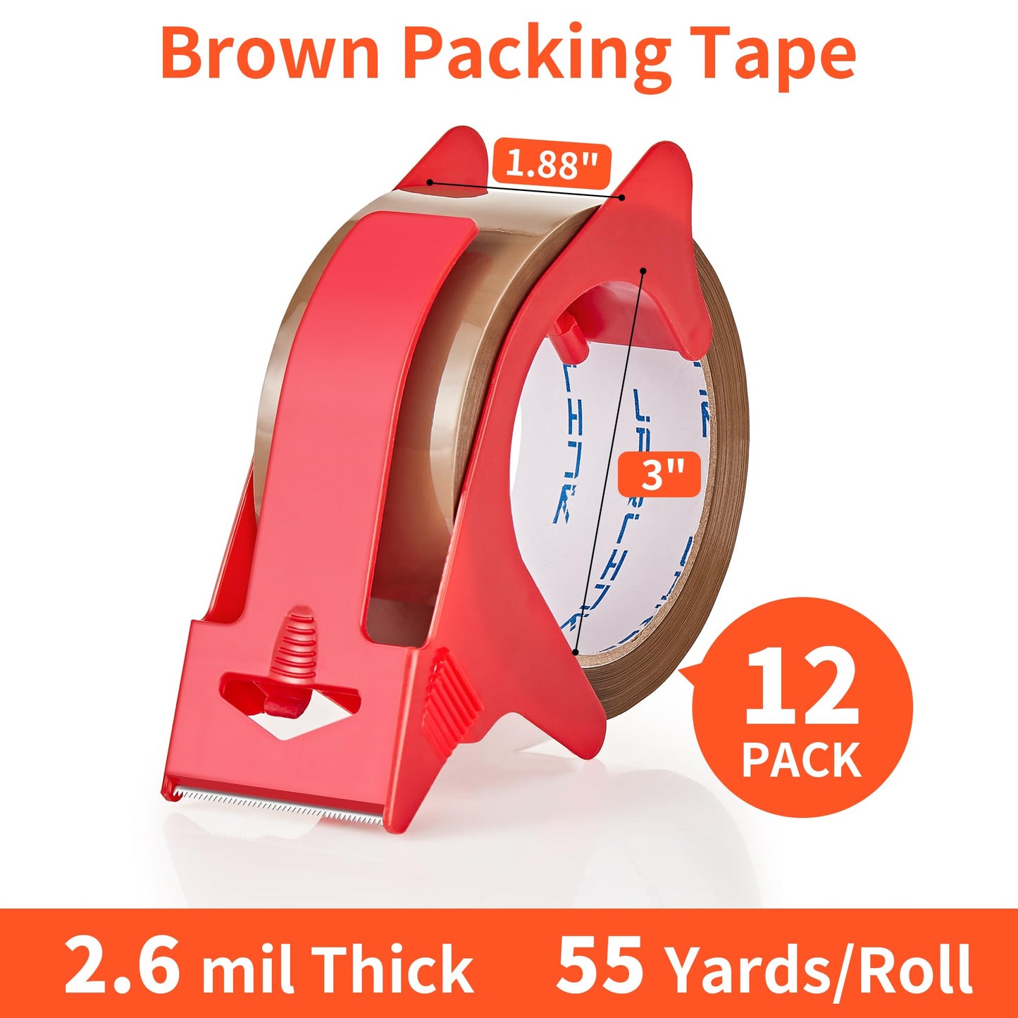 JARLINK 12 Rolls Brown Packing Tape with Dispenser, Heavy Duty Packaging Tape Refills for Shipping Packaging Mailing, 2.6mil Thick, 1.88 inches Wide, 55 Yards Per Roll, 660 Total Yards
