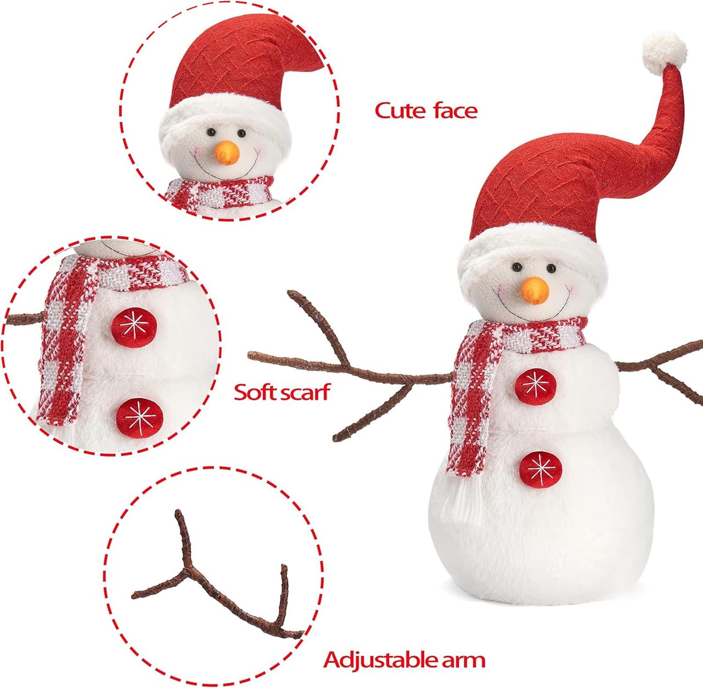 WORLDECO Snowman Christmas Decorations with Bowler Hat, Xmas Handmade Plush Ornaments for Indoor, Home and Holiday