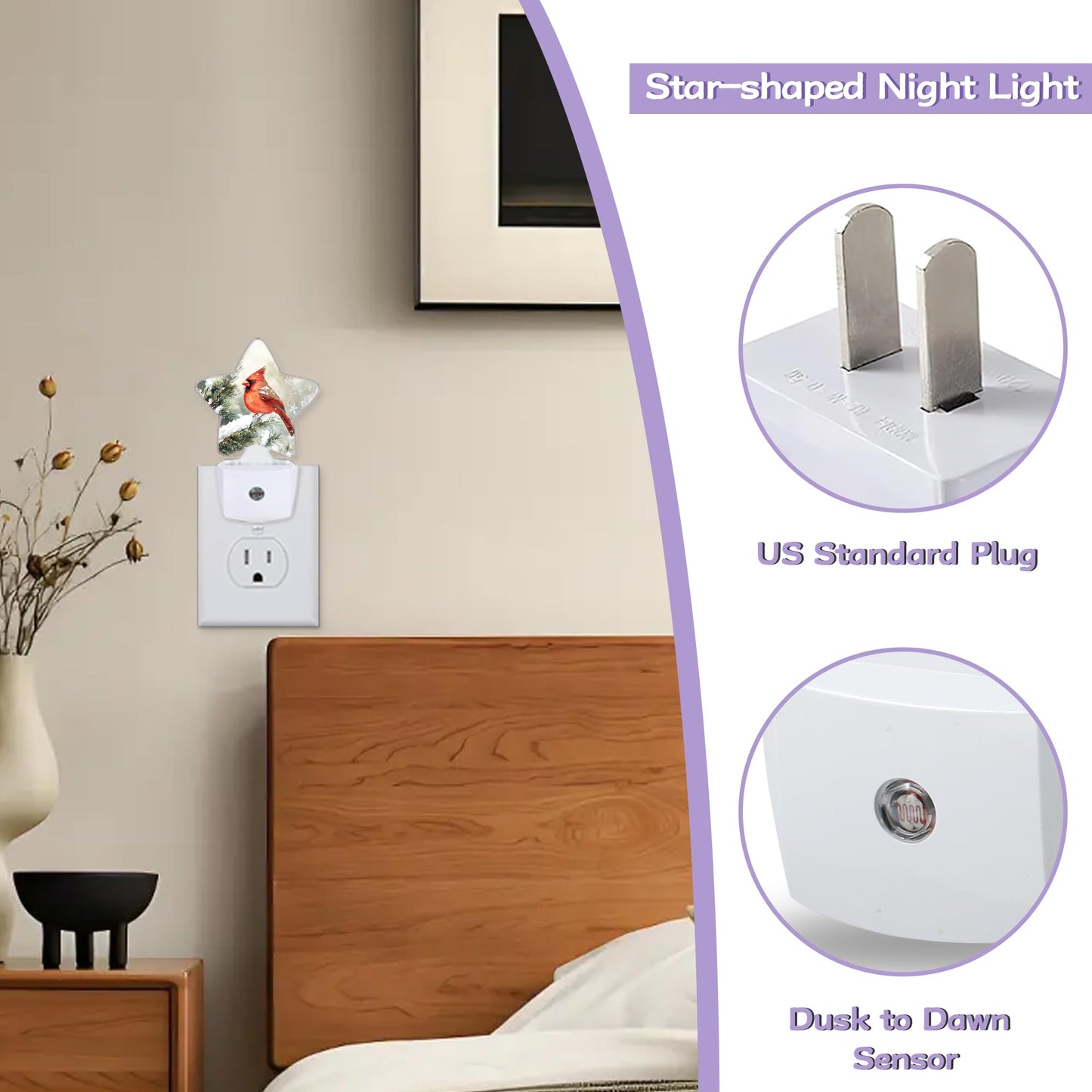 Cardinal Bird Decorative Nightlight Plug in Wall,Christmas Star Shaped Night Light with Built in Sensor for Home Decor,Kitchen Hallway Stairs Desk Lamp