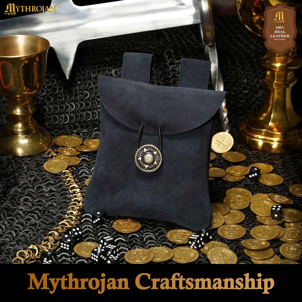 Medieval Belt Bag Renaissance Suede Jewelry Belt Pouch LARP Costume Waist Bag Cosplay Costume Accessories - Midnight Navy Blue, 5.9" x 5.7"