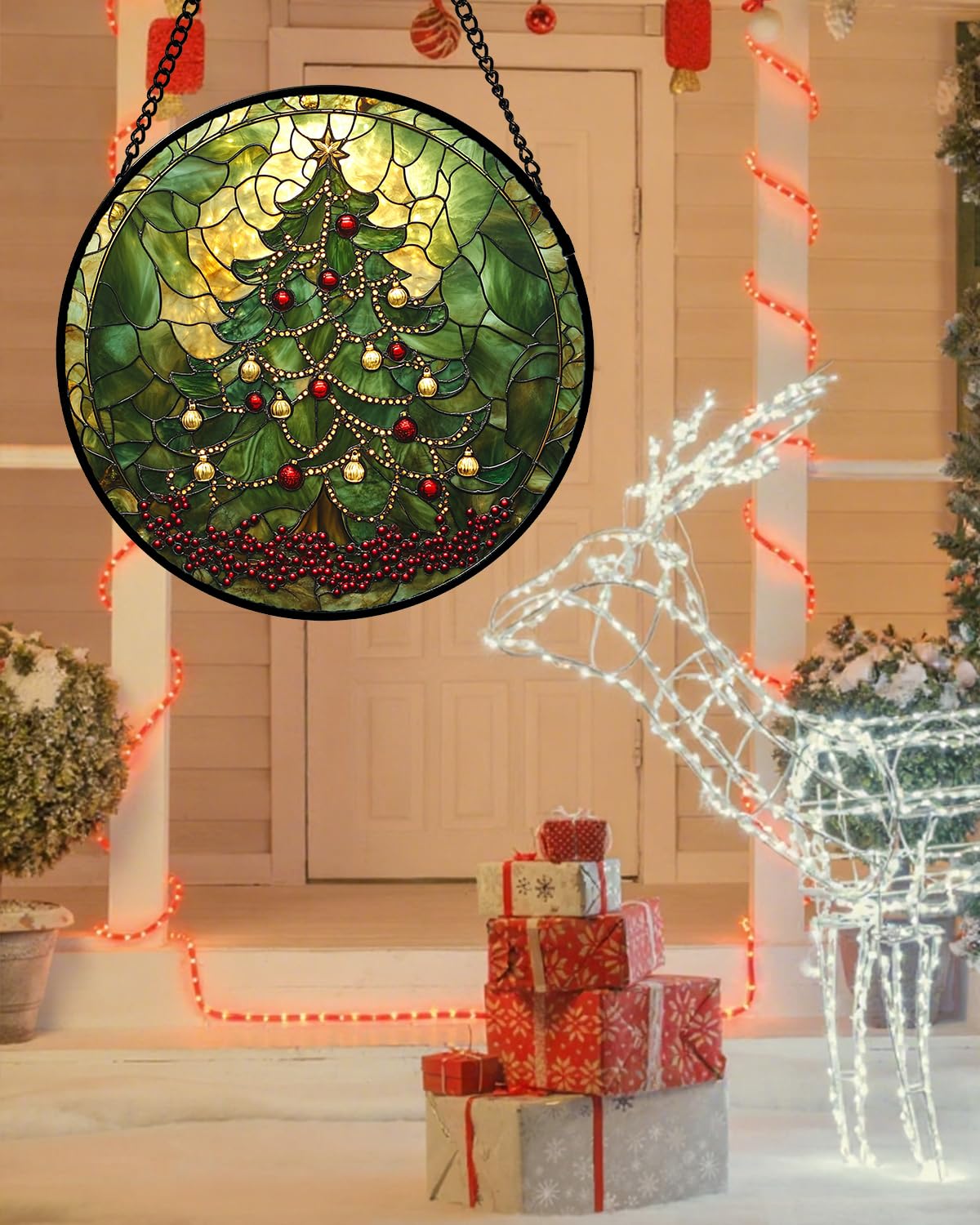 Stained Glass Window Hanging - Retro Green Christmas Tree Suncatcher for Doors Home Christmas Decoration Sun Catcher Thanksgiving New Year Birthday Gifts for Women Men Mom Nana 9.8 in