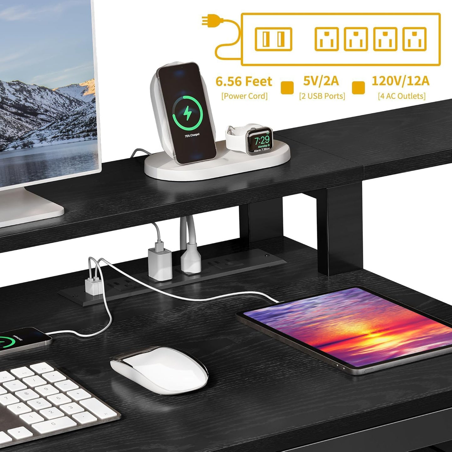 DWVO L Shaped Desk with Drawers, 65" Computer Desk with Power Outlets & LED Lights, Corner Home Office Desk with Storage Shelves & Printer Stand, Black