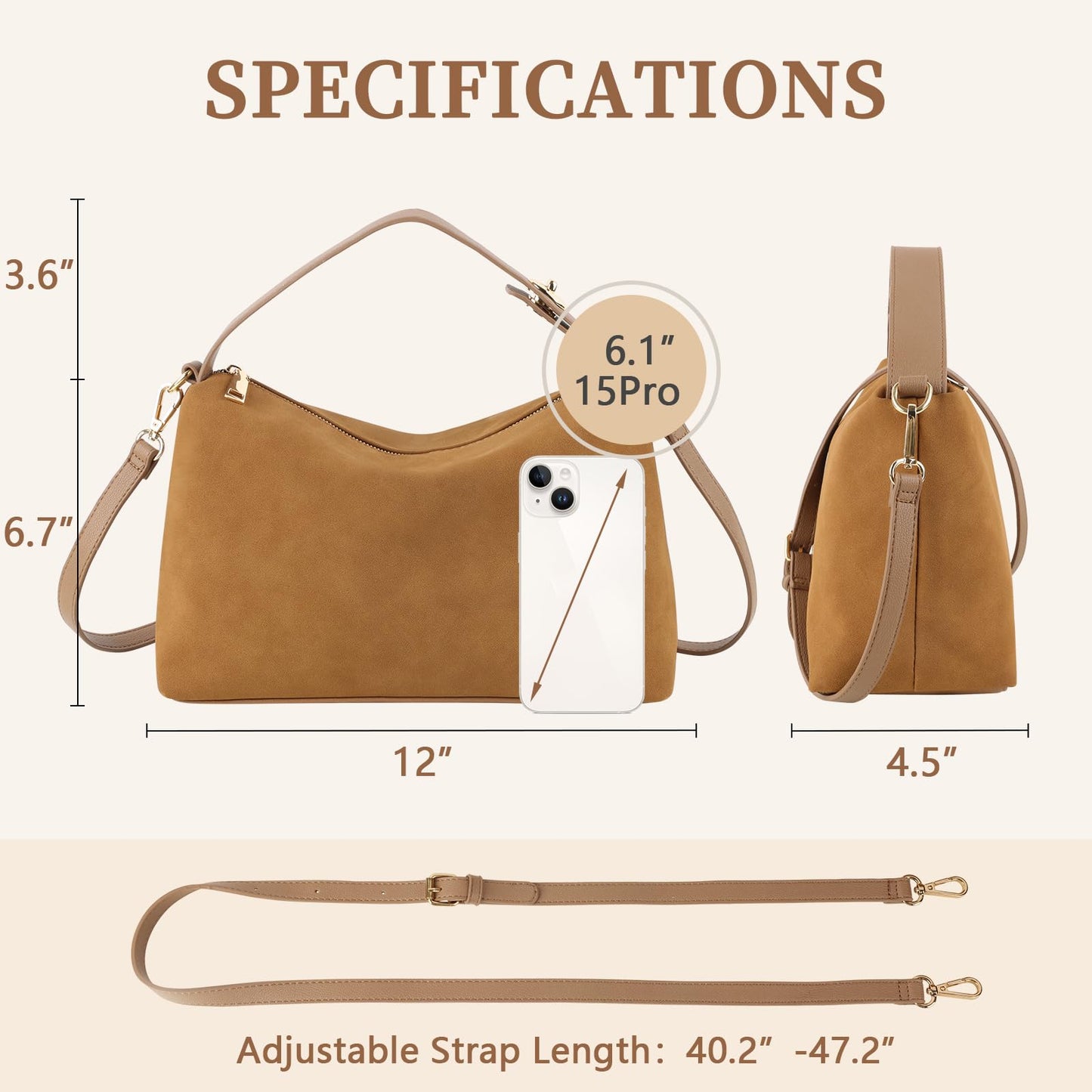 Leather Suede Tote Bags for Women, Brown Suede Purse Handbag Retro Top Handle Bag with Adjustable Strap, Hobo Crossbody Bag Crescent Satchels Shoulder Bag (Brown)
