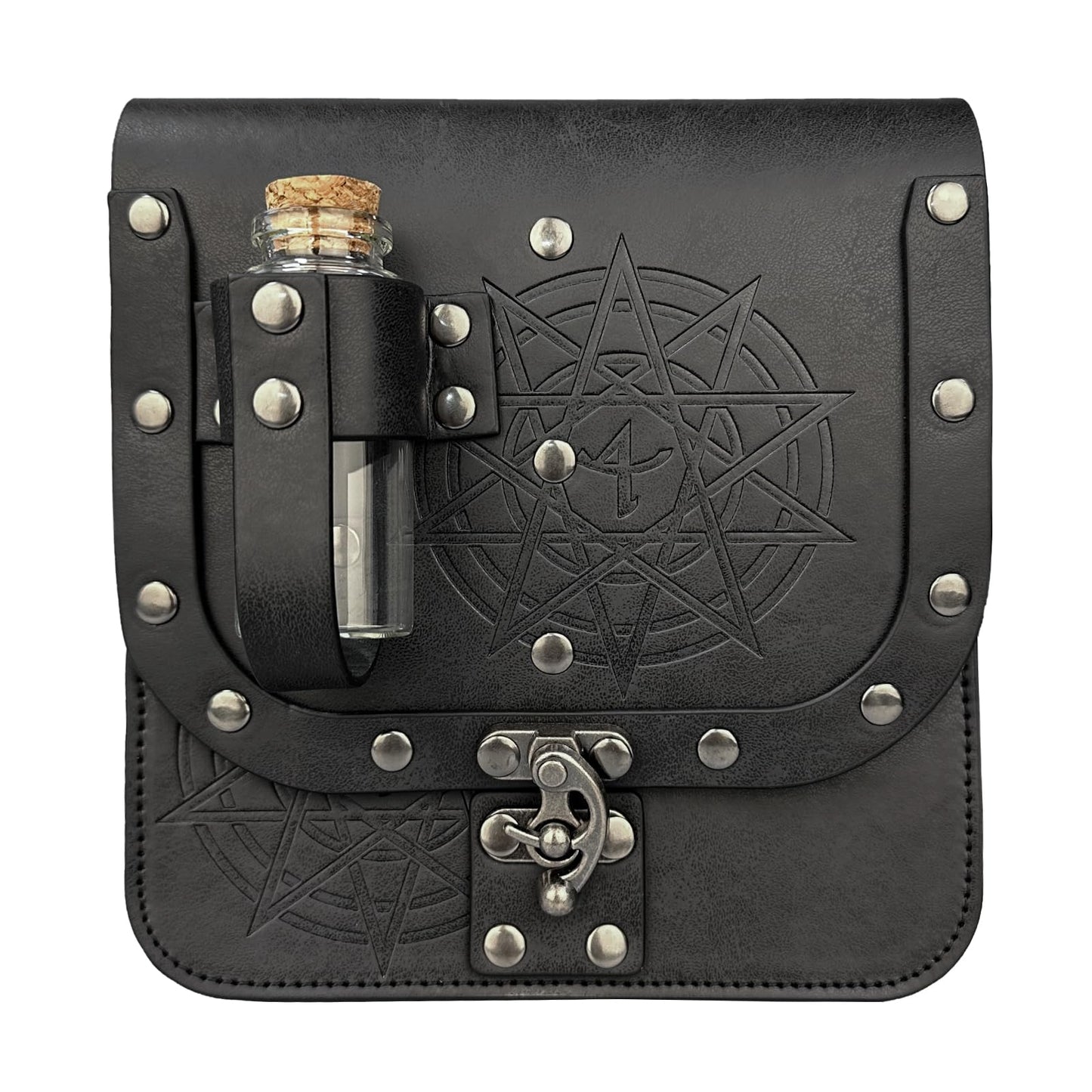 HiiFeuer Medieval Alchemy Faux Leather Belt Bag with Cork Potion Vials, Fantasy Wizard Waist Pouch Side Pack for Halloween (Black C)