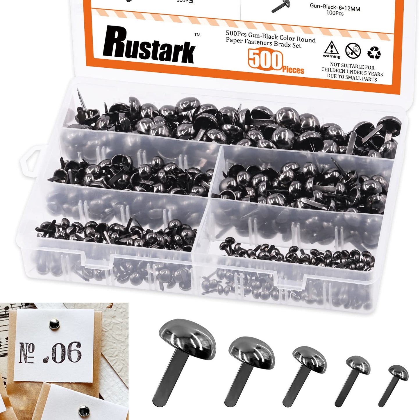Rustark 500PCS 5 Sizes Black Paper Fasteners Round Brads Fasteners Assortment Kit Mushroom Head Paper Fasteners Brass Metal Brads Scrapbooking Decorative Paper Crafts School DIY Art Project Supplies