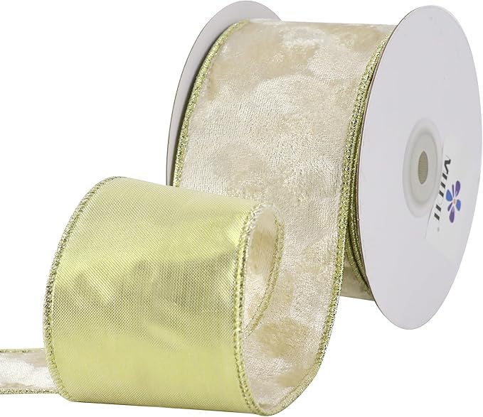 MEEDEE Ivory Velvet Ribbon with Gold Back 2.5 inch 10 Yards Double Sided Christmas Wired Ribbon for Christmas Tree Decoration, Baskets, Wreaths, Holiday Projects, Wedding Decor and Accents