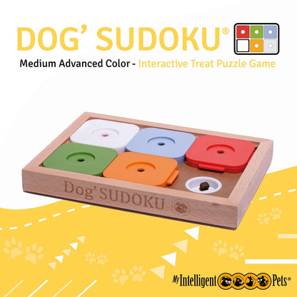 My Intelligent Dogs Interactive Sudoku Puzzle for Small Dogs and Cats - Advanced Brain Pet Toy - 6 Treat-Hiding Holes, Medium Wood and Plastic Design