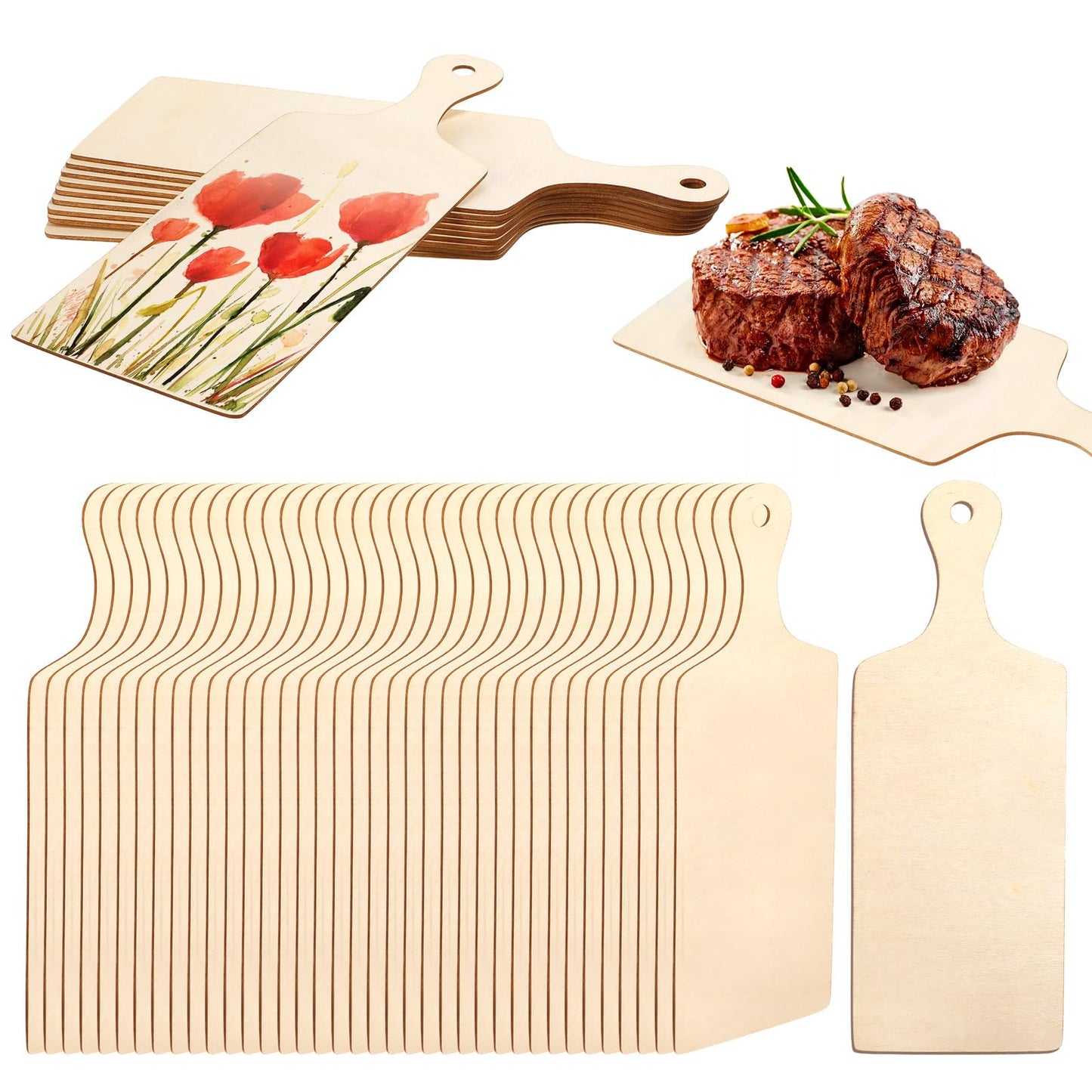 48 Pcs Mini Wooden Cutting Board with Handle, 9.5x3.5 Inch Original Wood Charcuterie Serving Boards for DIY Crafts, Kitchen Decor, and Christmas Thanksgiving Gifts