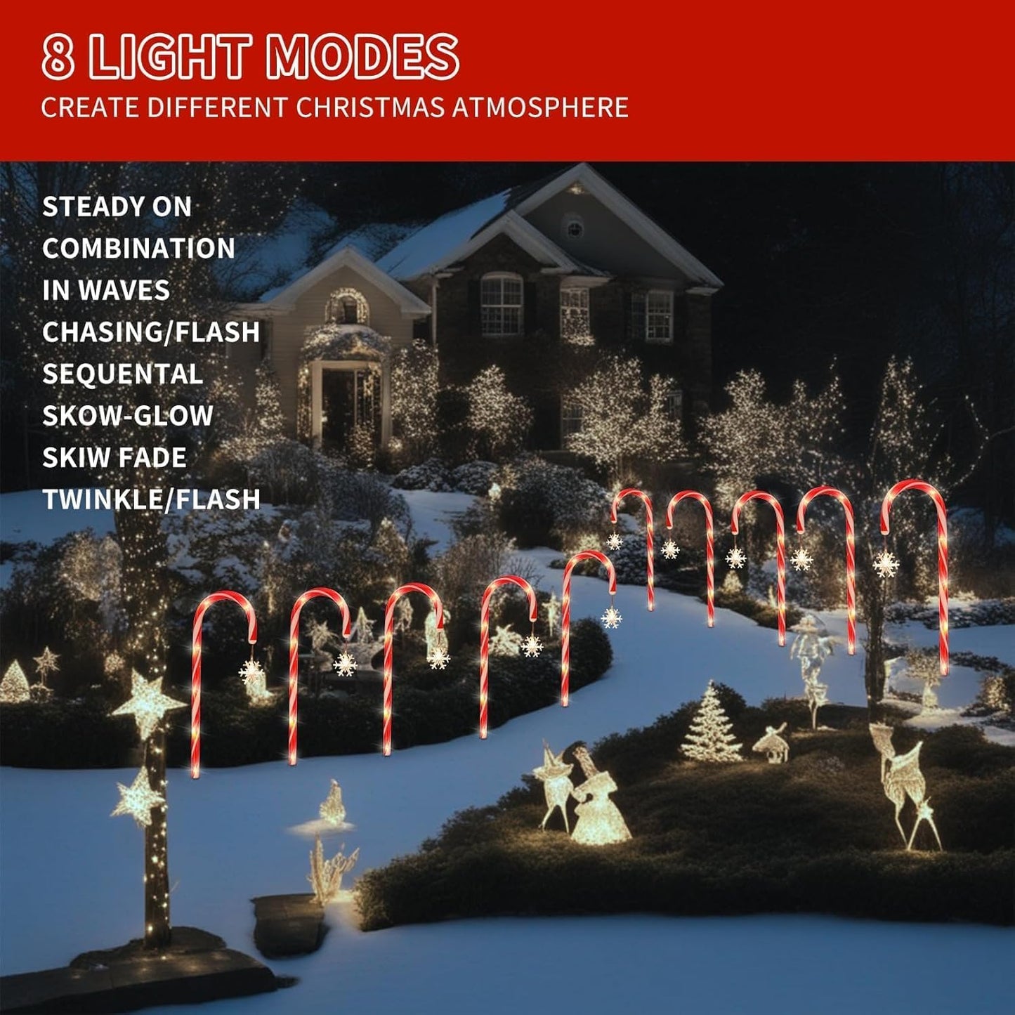 10 Pack Solar Christmas Candy Cane Pathway Lights with Snowflake, Waterproof LED Outdoor Stake Lights for Lawn, Yard, Walkway, Solar Powered Christmas Decorations for Garden, Patio (Warm White)