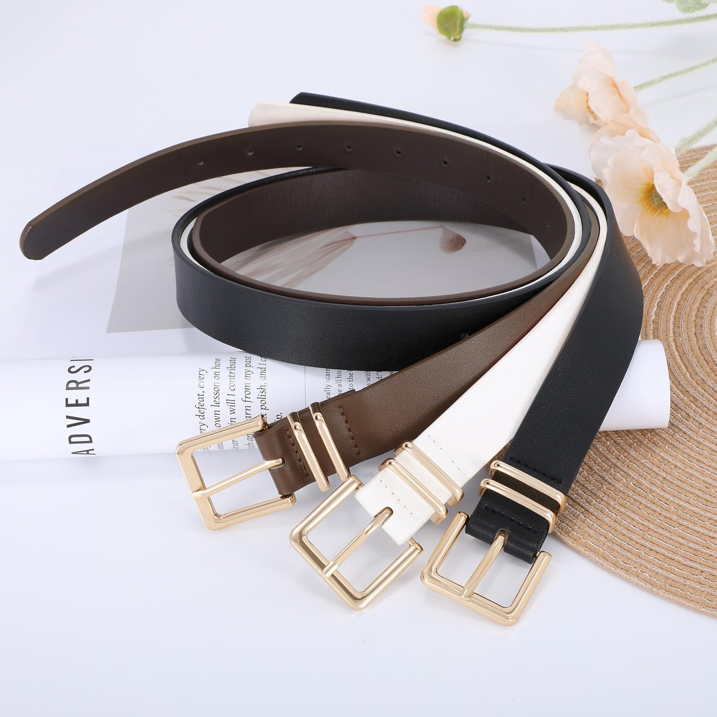 SANSTHS 3 PACK Women Leather Belts for Jeans Pants Dresses Fashion Ladies Waist Belt with Gold Square Buckle,Black Coffee Beige,S