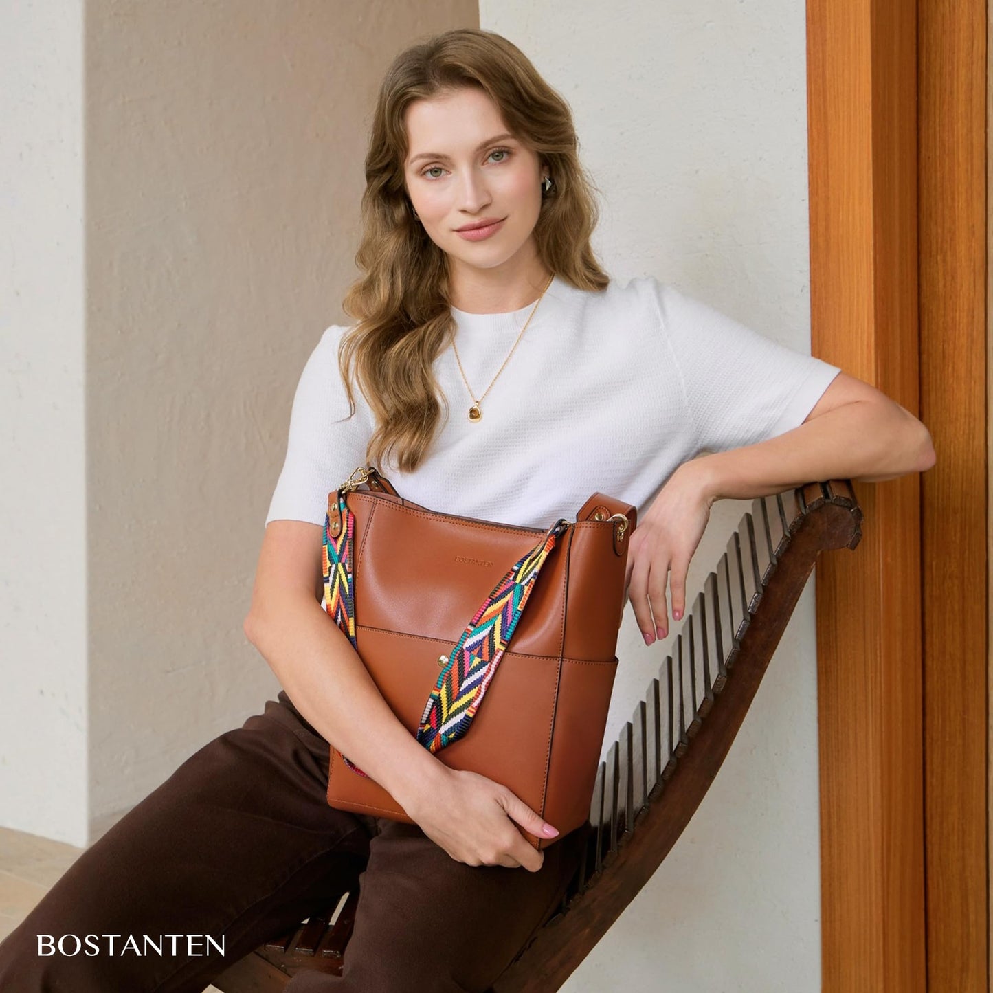 BOSTANTEN Women's Leather Designer Handbags Tote Purses Shoulder Bucket Bags Brown
