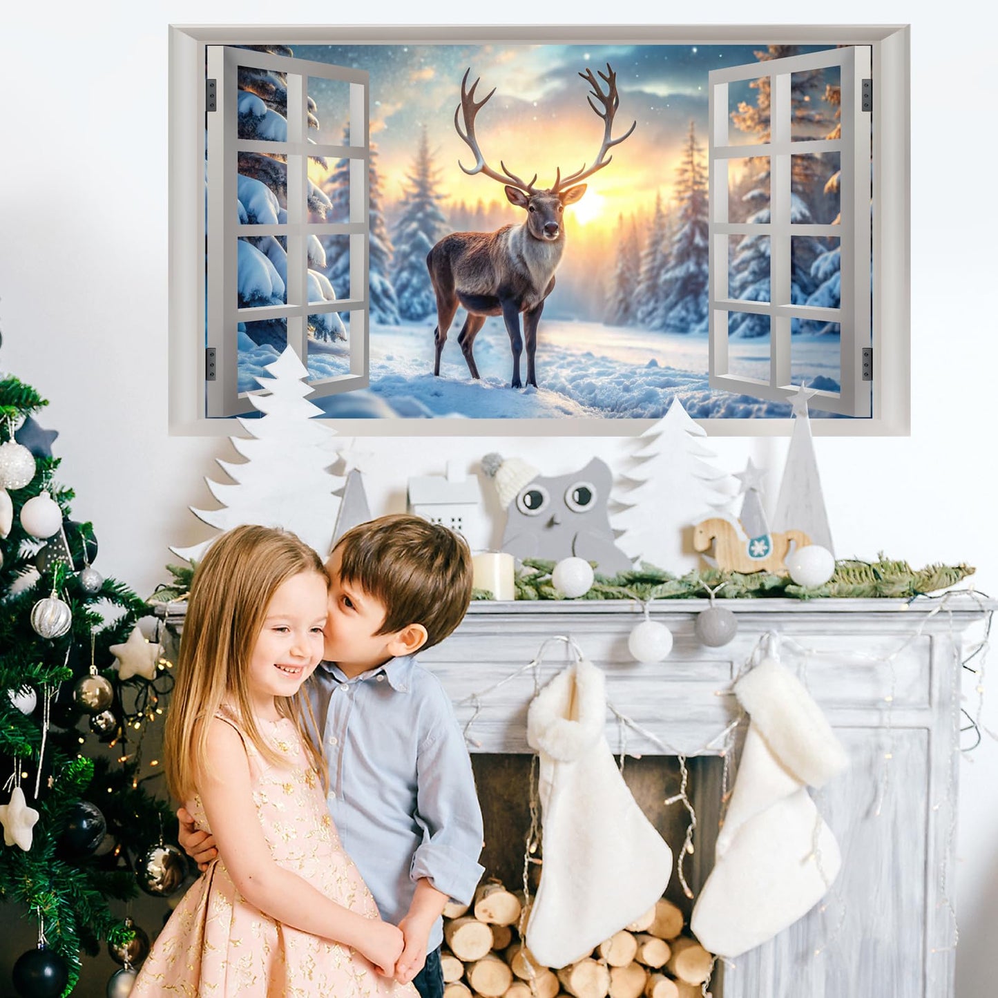 Winter Wall Stickers 3D Fake Windows Wall Stickers Christmas Wall Decals Peel and Stick Forest Wall Sticker Snowy Landscape Walls Decals Winter Pine Tree Art Murals for Living Room Bedroom Decor