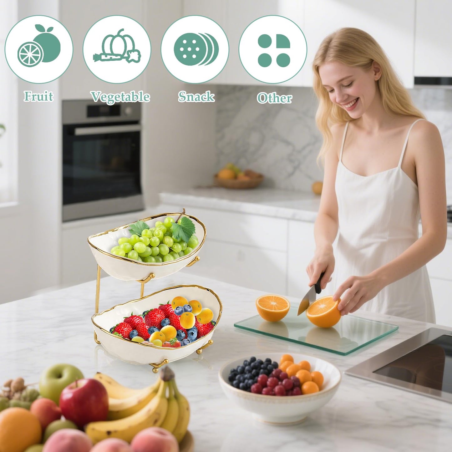 jessie 2 Tier Ceramic Fruit Bowl for Kitchen Counter with Metal Rack, Fruit Basket with Stand, Porcelain Bowls for Vegetable Bread Candy Snack Nuts Dessert Cake Tray (Gold 2 layer)