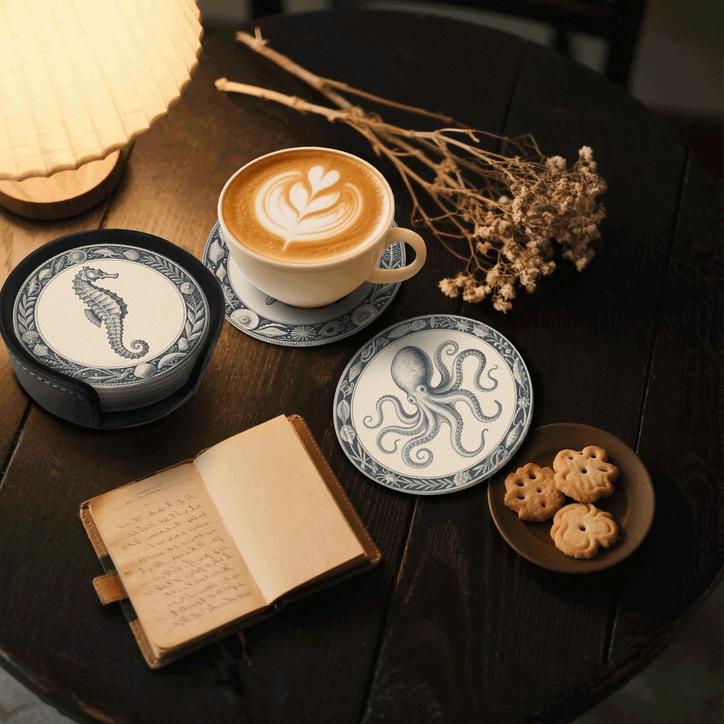 6 Pcs Nautical Ocean Drink Coasters with Holder Coasters for Drinks Coffee Table Home Decor Housewarming Gift