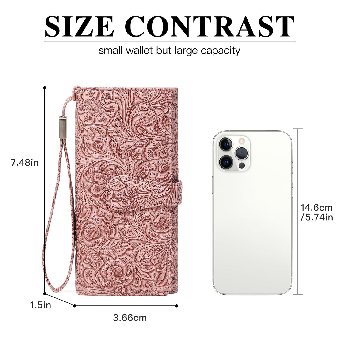 BVEOGMRO Wristlet Wallet for Women Leather Clutch Purse Trifold Card Holder RFID Blocking Large Capacity Pink