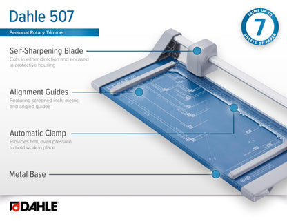 Dahle 507 Personal Rotary Trimmer, 12" Cut Length, 7 Sheet Capacity, Self-Sharpening, Automatic Clamp, German Engineered Paper Cutter