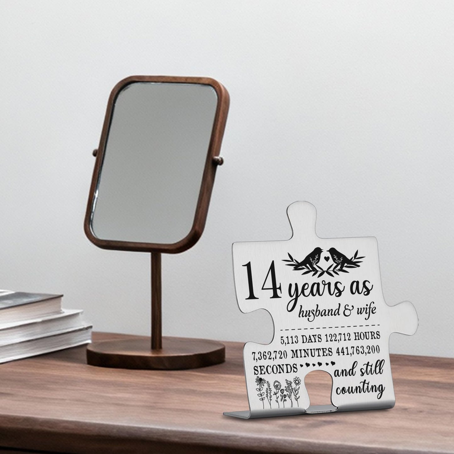 14 Years Anniversary Plaque Gift for Husband Wife, 14th Marriage Gift for Couple Ornament Decor Stainless Steel Puzzle Piece Decorative Signs Plaques YPP6