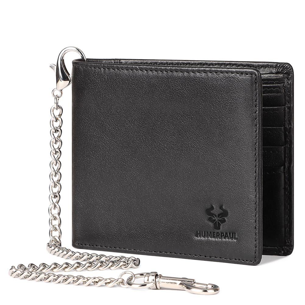 Genuine Leather Card Holder Wallet with Chain Accessory for Men, Women RFID Blocking 13 Card Slots 2 ID Windows 2 Bill Compartments Short Bi-Fold Wallet Gift (Black)