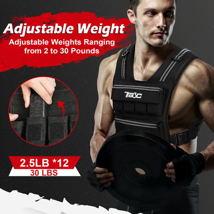 TB3C Adjustable Weighted Vest Men & Women, 30lbs with Reflective Stripe, Workout Vest for Home Gym, Cardio, Strength Training & Weight Loss