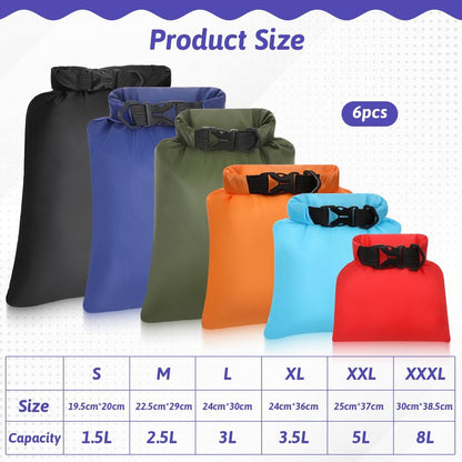 Zyghjort 6 Pack Waterproof Dry Bag Outdoor Small Dry Bags Lightweight Stuff Sack Water Proof Bags for Travel, Kayaking, Backpacking, Boating, Hiking, Camping