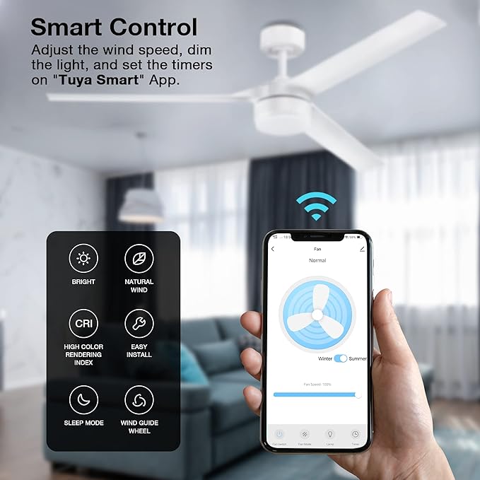 cumilo 52 inch Smart Ceiling Fans with Light and Remote Control, Dimmable,6 Reversible Speed, Low Profile Ceiling Fan Compatible with Alexa WIFI APP,Modern White Ceiling Fan for Bedroom Patio