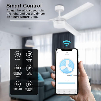 cumilo 52 inch Smart Ceiling Fans with Light and Remote Control, Dimmable,6 Reversible Speed, Low Profile Ceiling Fan Compatible with Alexa WIFI APP,Modern White Ceiling Fan for Bedroom Patio